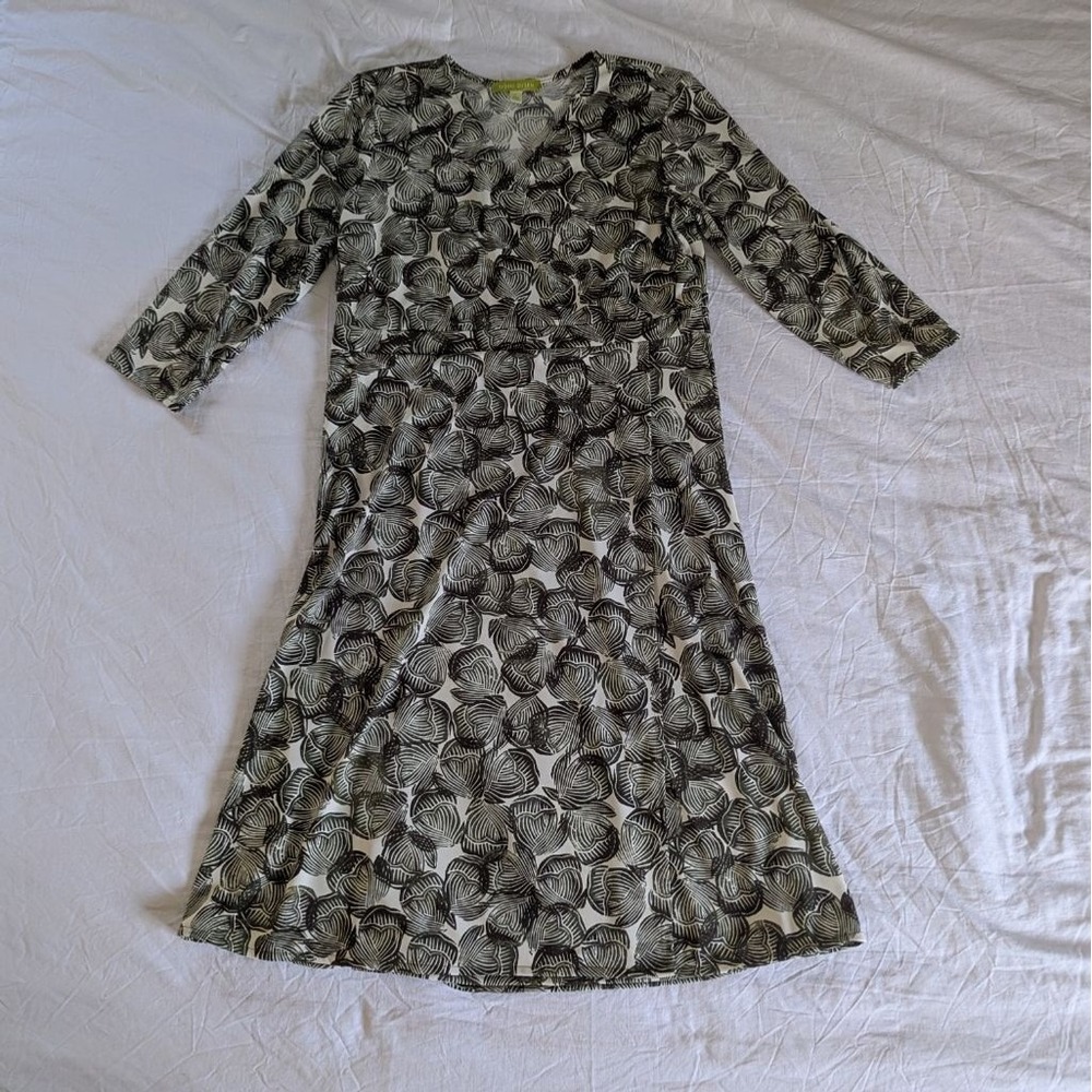 Sigrid Olsen Dress Black White Abstract Print V-Neck Empire Waist Sz L Office